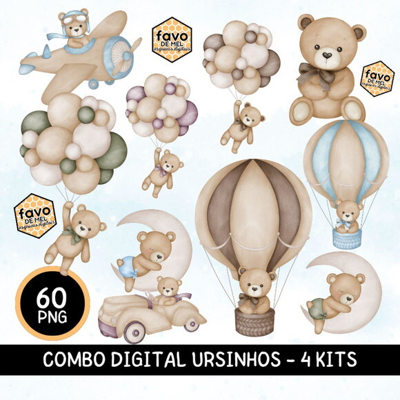 Combo Digital Ursinhos Aquarela - 4 Kits - Chá de Bebê