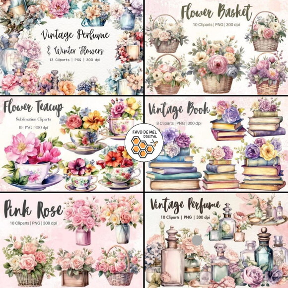 Combo Floral Vintage Aquarela -6 Kits Digitais - 60 Cliparts