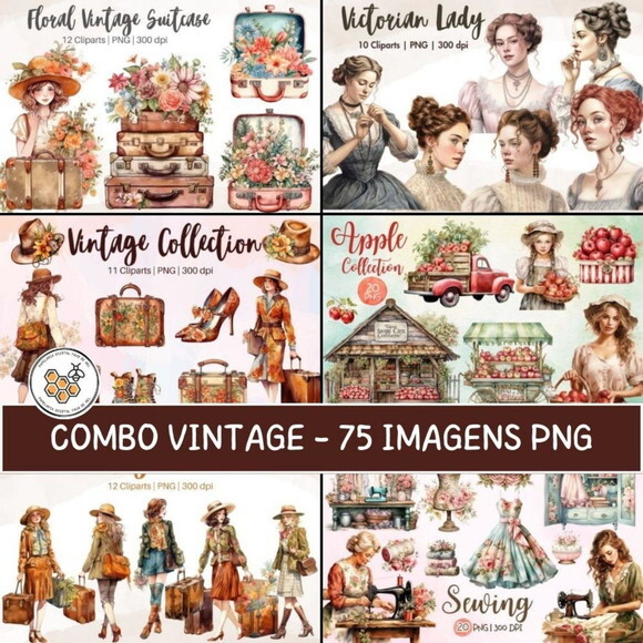 Combo Garotas Vintage Aquarela - 6 Kits Digitais