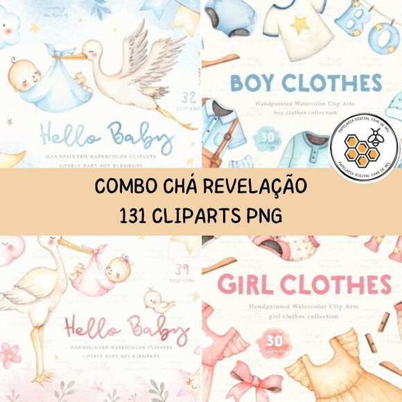 Combo Kit Digital Bebê Chá Revelação Aquarela Premium