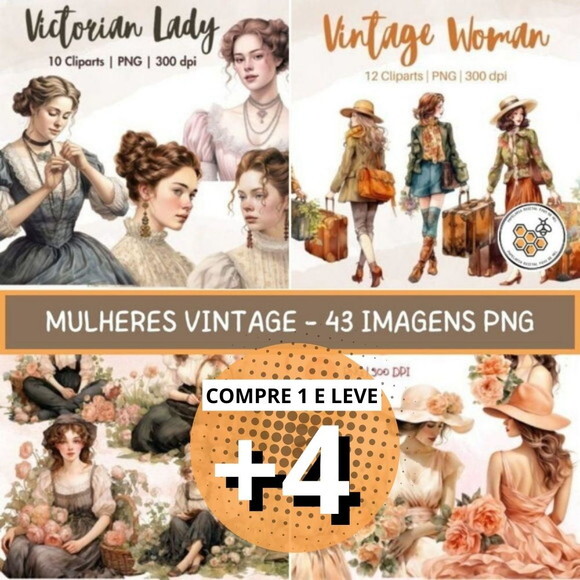 Combo Mulheres Vintage Aquarela - 4 Kits Digitais