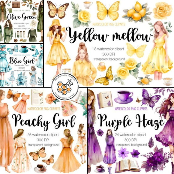 Combo Pack Digital Meninas Aquarela - 5 Kits Digitais