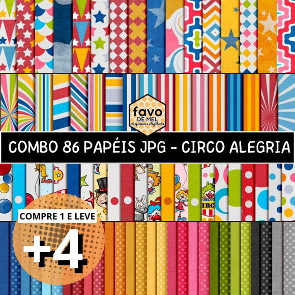 Combo Papéis Digitais Circo - Listras, Bolinhas, Estrelinhas