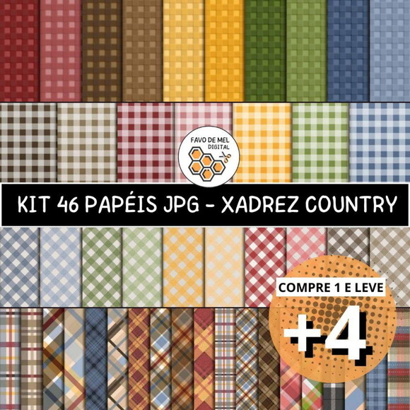 Combo Papéis Digitais Country Xadrez Fazendinha