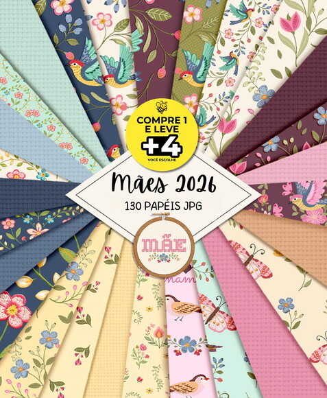 Combo Papéis Digitais Floral Bordado - Dia das Mães