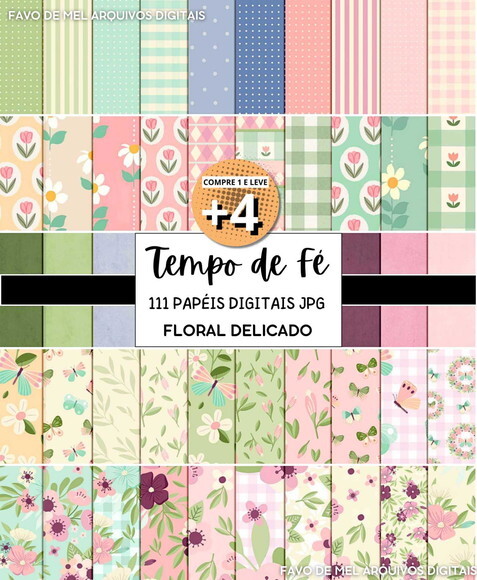 Combo Papéis Digitais Floral Delicado - Tempo de Fé Jpg
