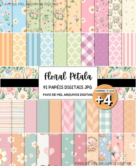 Combo Papéis Digitais Floral Pétala Aquarela -pague 1 Leve 5