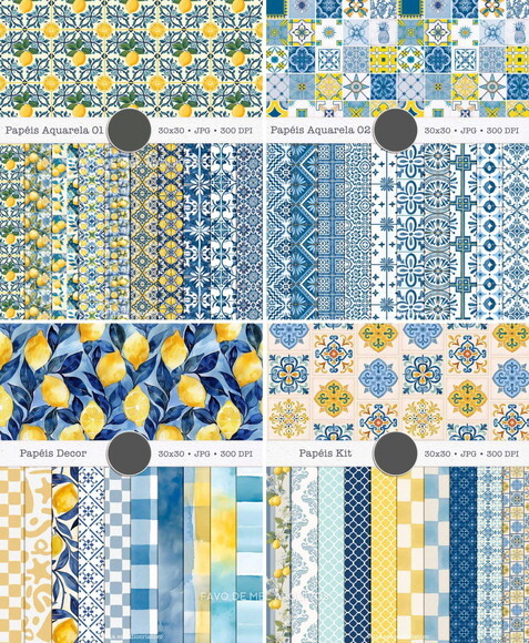 Combo Papéis Digitais Limão e Azulejos - Summer Feelings