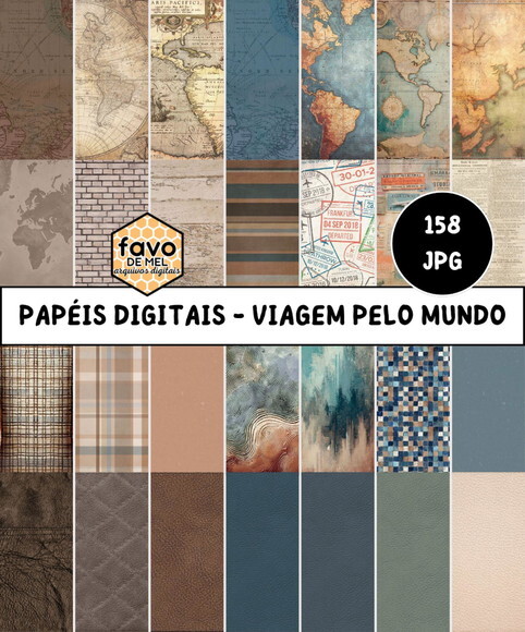 Combo Papéis Digitais Viagem - Mapas, Couro e Básicos
