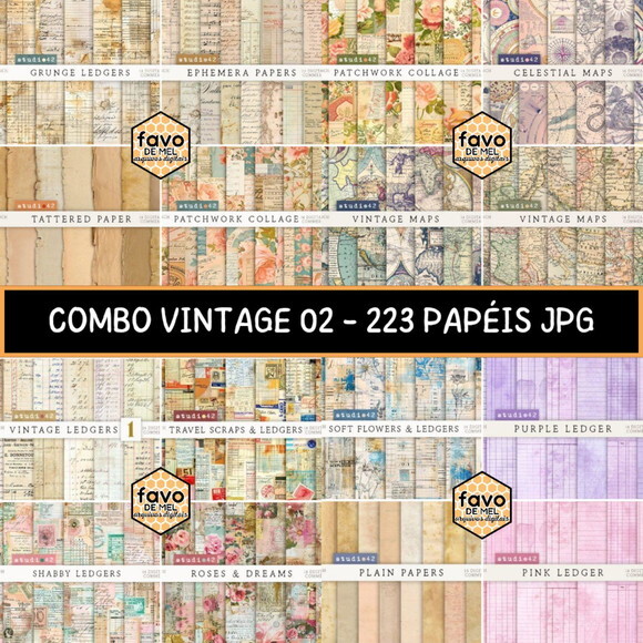 Combo Papéis Digitais Vintage 02 - 16 Kits 236 Papéis