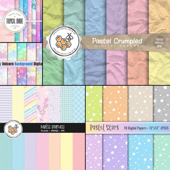 Combo Papel Digital Tons Pastéis Candy Color - 22 Kits