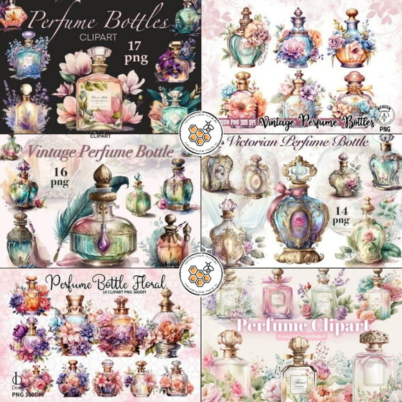 Combo Perfume Vintage Aquarela - 6 Kits Digitais