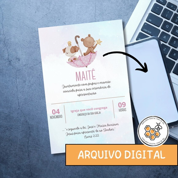 Convite Digital Apresentação Igreja - Bebê Menina