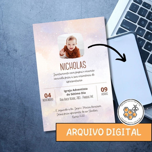 Convite Digital Apresentação Igreja - Personalizado com Foto