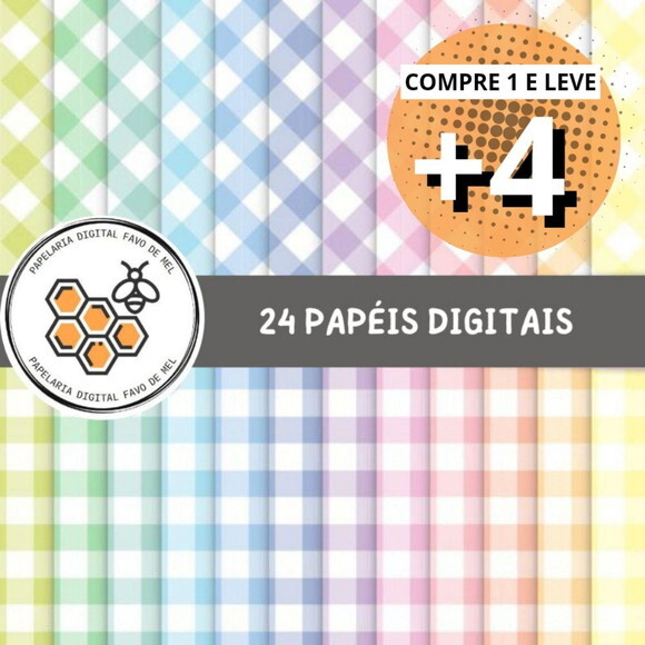 Kit 24 Papéis Digitais Xadrez - Tons Pastel Candy Color