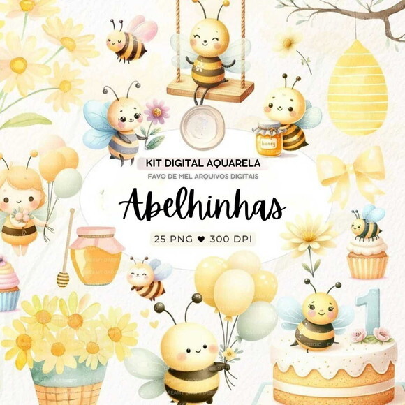 Kit Digital Abelhinha Aquarela Premium #08 Png Bee