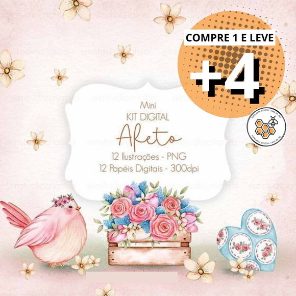 Kit Digital Afeto - Floral Passarinho Aquarela