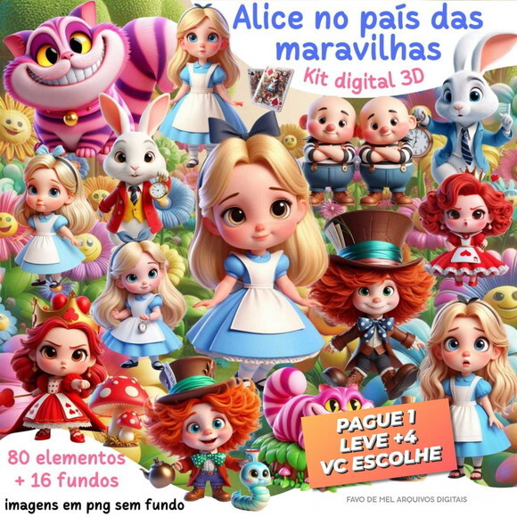 Kit Digital Alice no País das Maravilhas 3d Png + Fundos