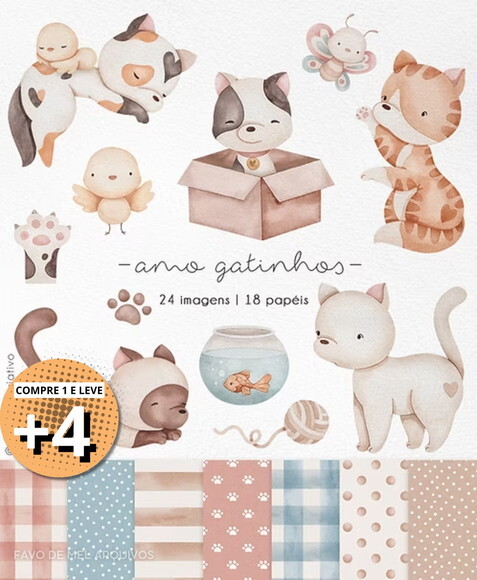 Kit Digital Amo Gatinhos Aquarela Png
