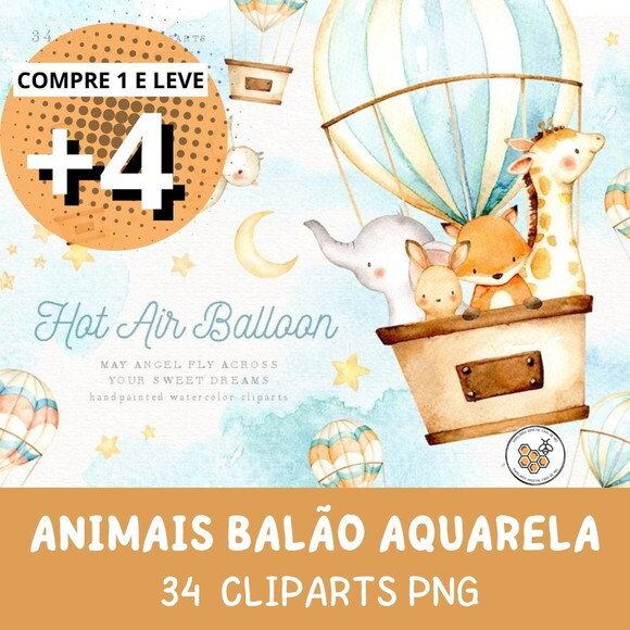 Kit Digital Animais Balão Aquarela - Hot Air Balloon