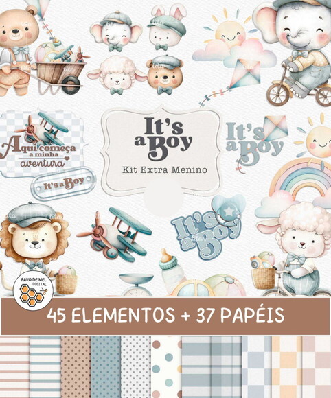Kit Digital Animais Brinquedos Aquarela Menino - It
