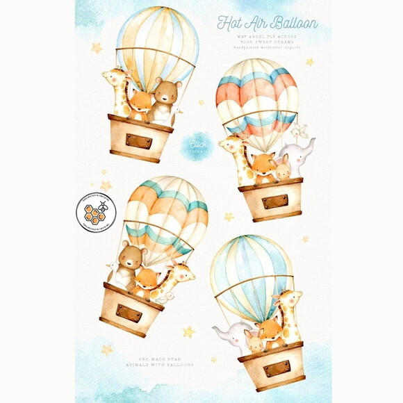 Kit Digital Animais Balão Aquarela - Hot Air Balloon