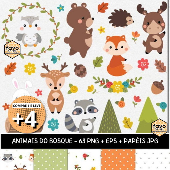 Kit Digital Animais do Bosque #19 Elementos, Vetor e Papéis