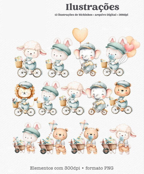 Kit Digital Animais Brinquedos Aquarela Menino - It