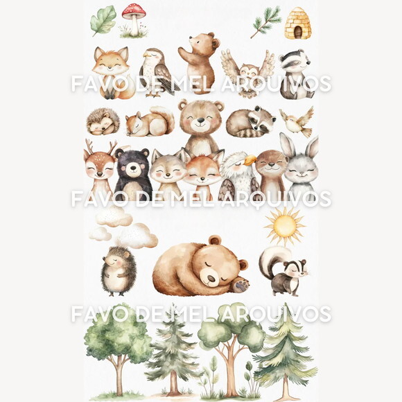 Kit Digital Animais do Bosque Aquarela #27 Woodland Friends