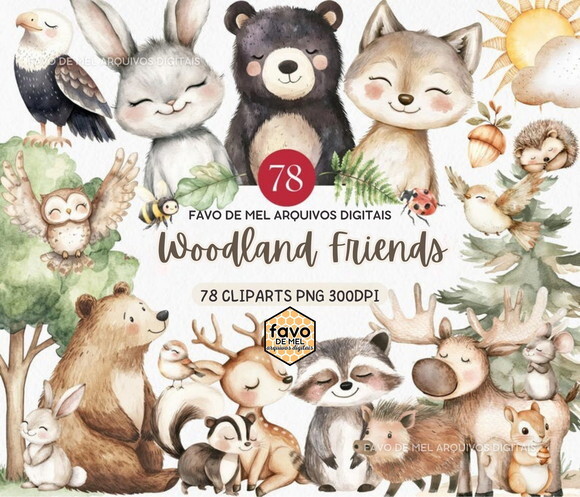 Kit Digital Animais do Bosque Aquarela #27 Woodland Friends