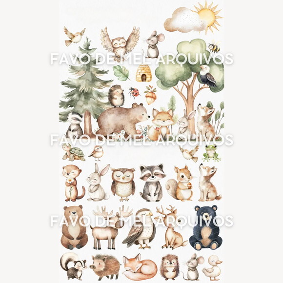 Kit Digital Animais do Bosque Aquarela #27 Woodland Friends