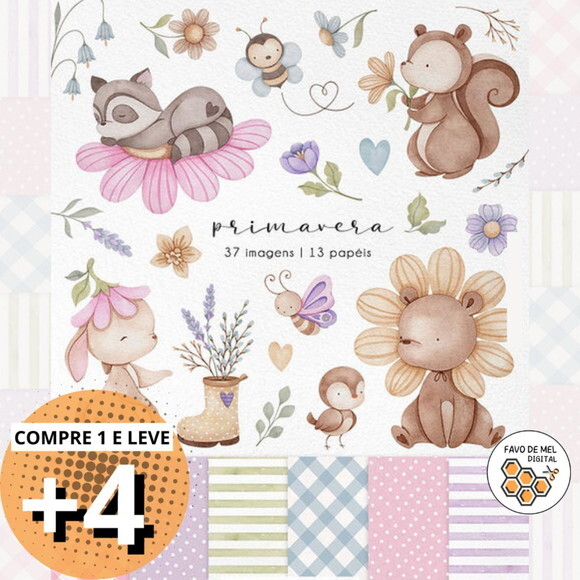 Kit Digital Animais e Flores Primavera Aquarela (nes)