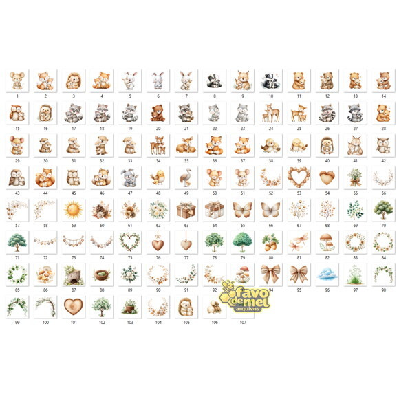 Kit Digital Animais do Bosque Dia das Mães Aquarela