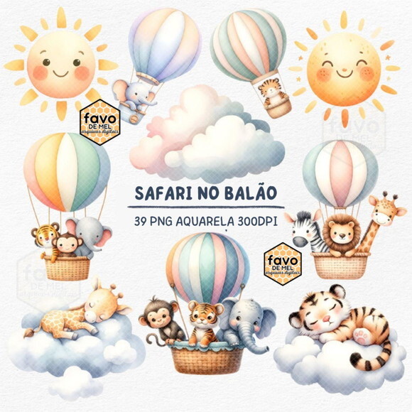 Kit Digital Animais Safari no Balão Aquarela Premium Dcbynuk