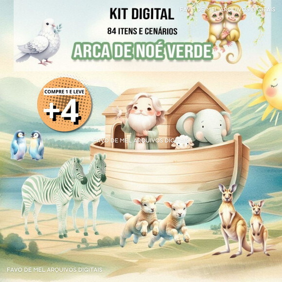 Kit Digital Arca de Noé Verde Aquarela #12 (pague 1 Leve +4)