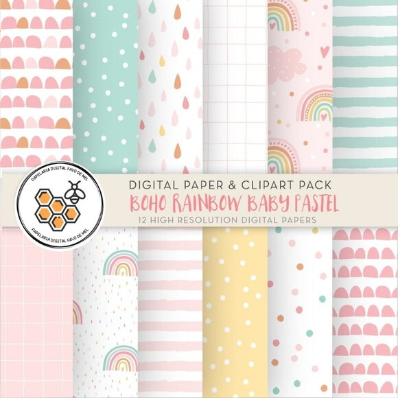 Kit Digital Arco-íris Aquarela #1 Boho Rainbow Baby Pastel