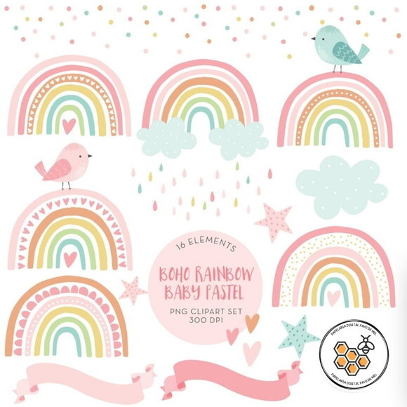 Kit Digital Arco-íris Aquarela #1 Boho Rainbow Baby Pastel