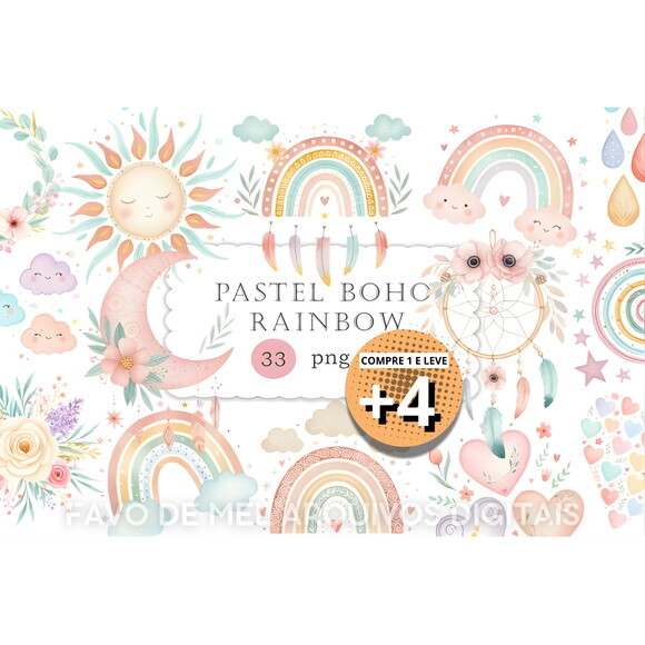 Kit Digital Arco-íris Aquarela #3 Boho Rainbow Baby Pastel