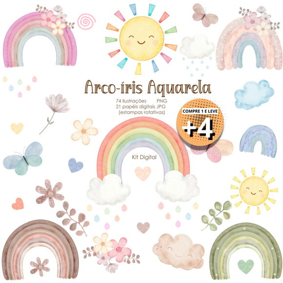 Kit Digital Arco-íris Aquarela #4 Boho Rainbow Baby Pastel