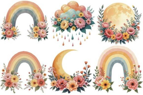Kit Digital Arco-íris Boho Floral Aquarela #3 Png