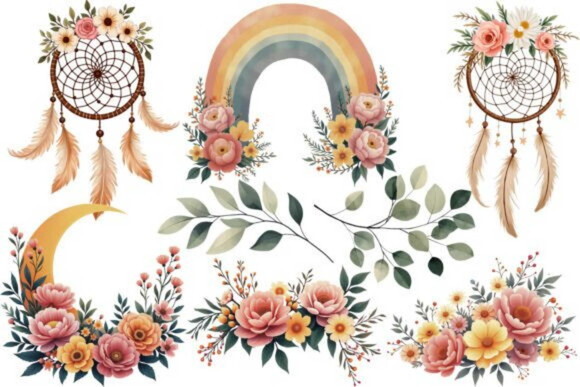Kit Digital Arco-íris Boho Floral Aquarela #3 Png