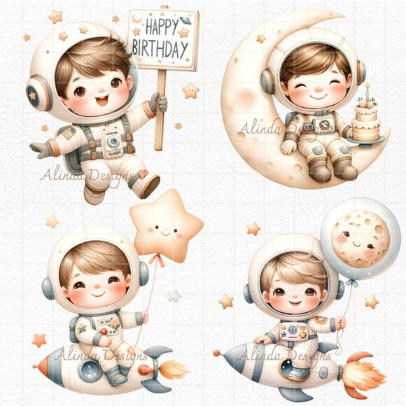 Kit Digital Astronauta Aniversário Aquarela Png Premium