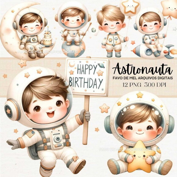 Kit Digital Astronauta Aniversário Aquarela Png Premium
