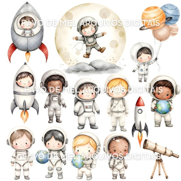 Kit Digital Astronauta Aquarela - Little Astronauts #as