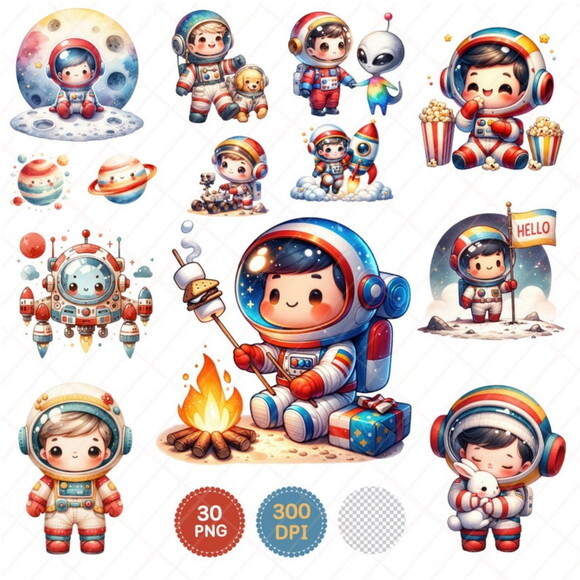 Kit Digital Astronauta e Robô Espaço Aquarela Cute