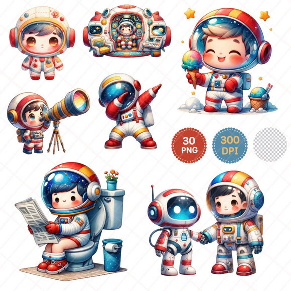 Kit Digital Astronauta e Robô Espaço Aquarela Cute