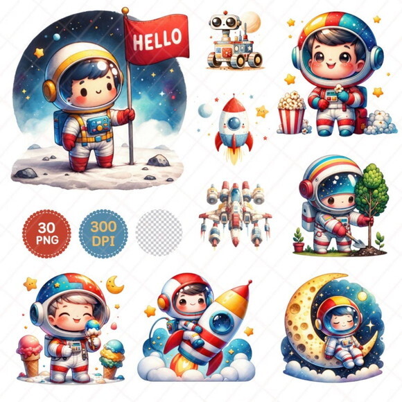 Kit Digital Astronauta e Robô Espaço Aquarela Cute