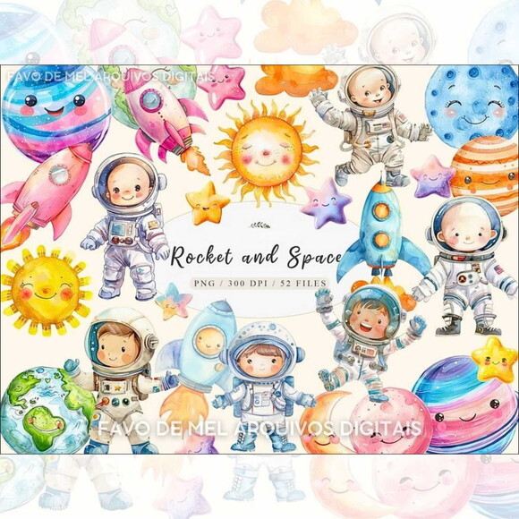 Kit Digital Astronauta Espaço Aquarela #31 Png Premium
