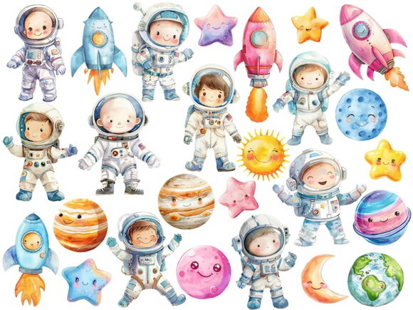 Kit Digital Astronauta Espaço Aquarela #31 Png Premium