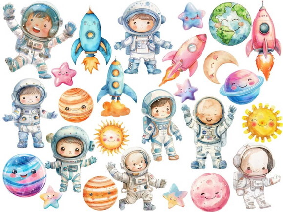 Kit Digital Astronauta Espaço Aquarela #31 Png Premium